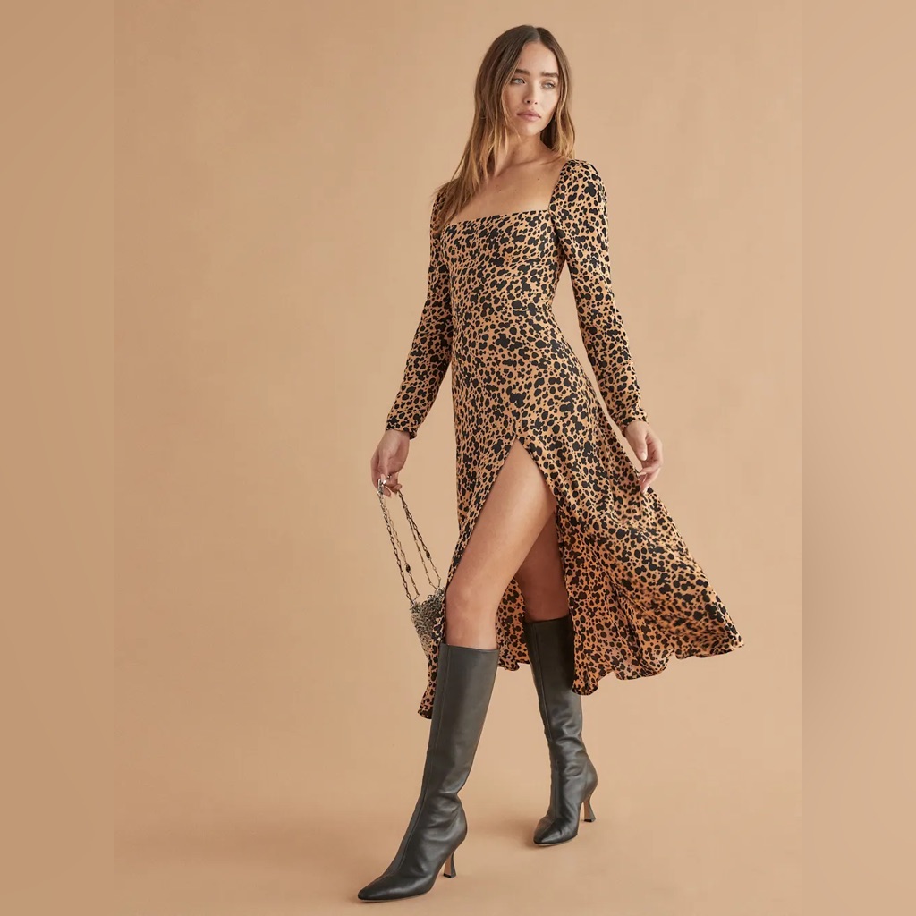Reformation Sigmund Dress In Blitz Size 8 Leopard Print Puff Shoulders Slit